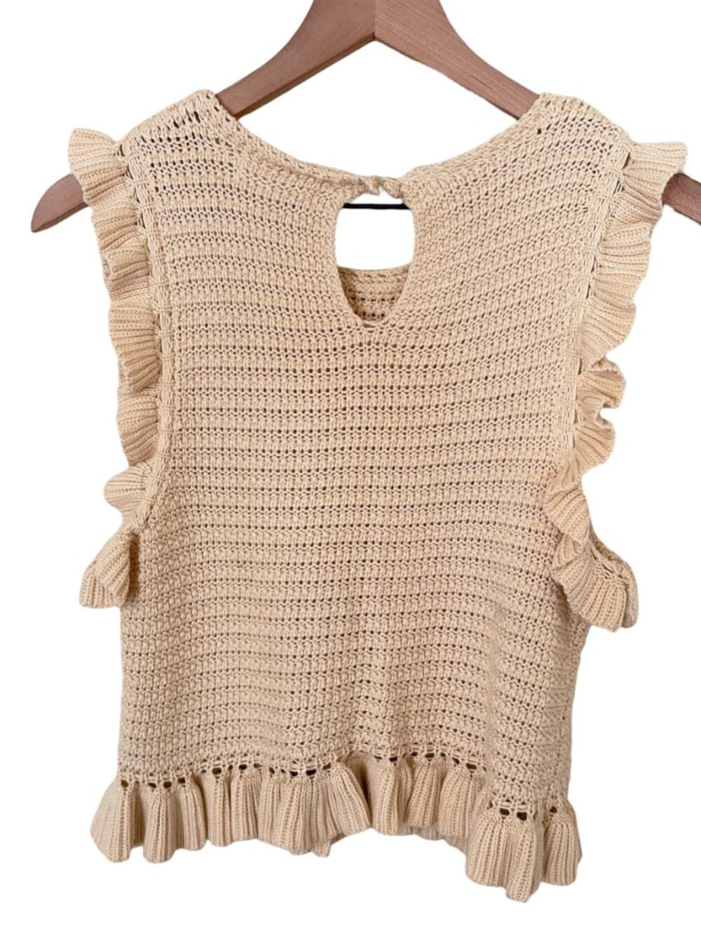 Mable Cream Ruffle Sleeveless Crew Neck Crochet Open Knit Top - Picture 6 of 6